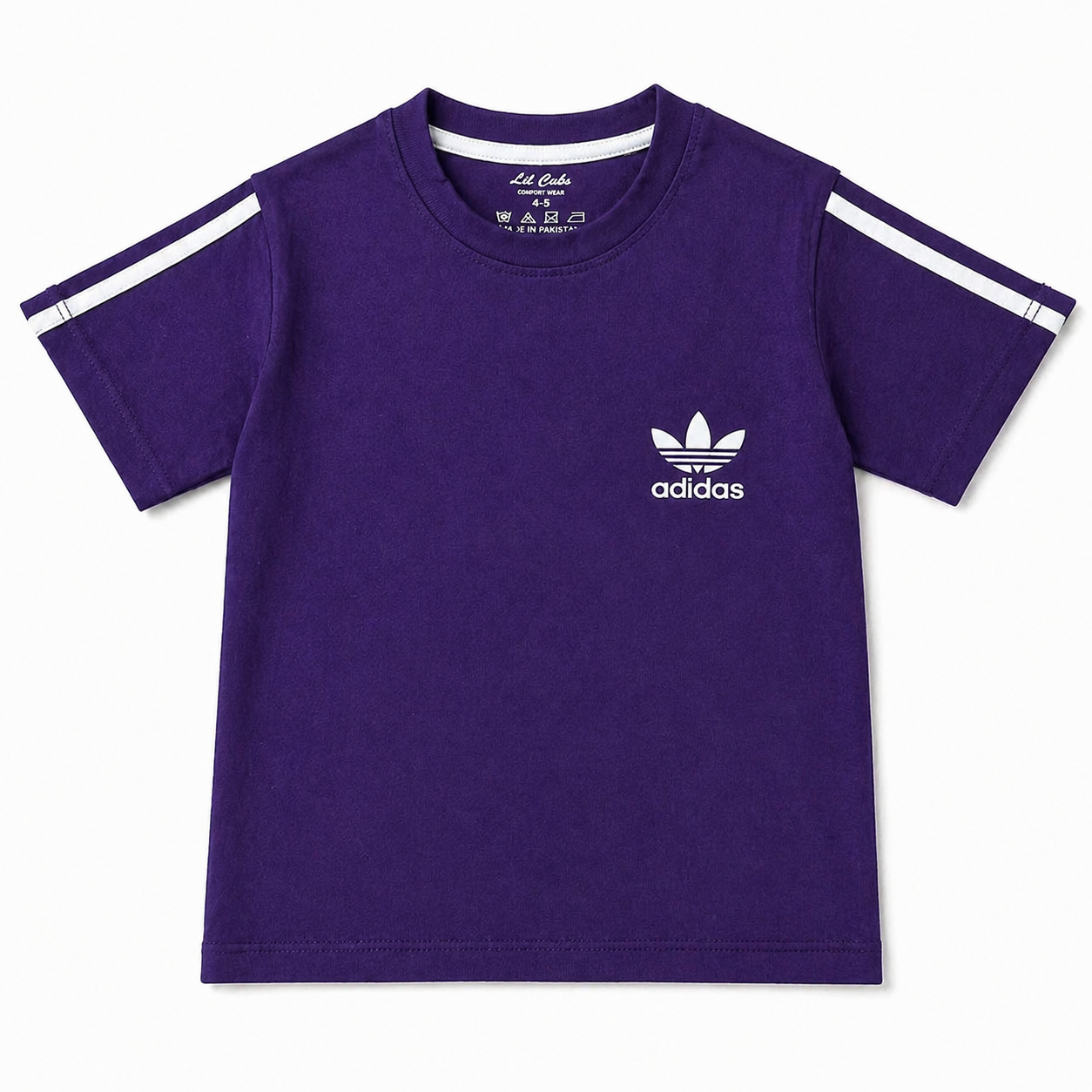 Boys purple and black Adidas summer coord set, including a t-shirt and shorts, designed for ages 1 to 12 years.