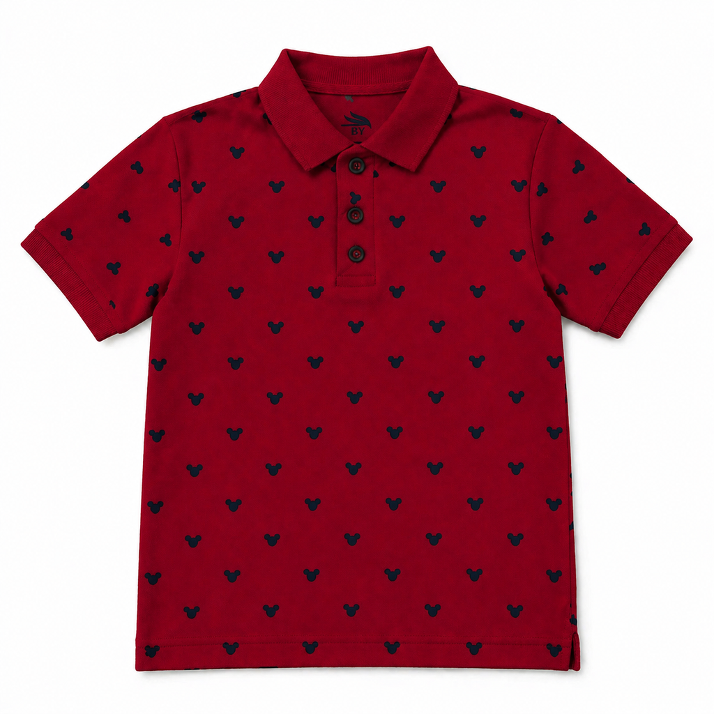 Dark maroon printed boys' polo shirt by lilcubspk, featuring a stylish design and collar, ideal for casual wear.