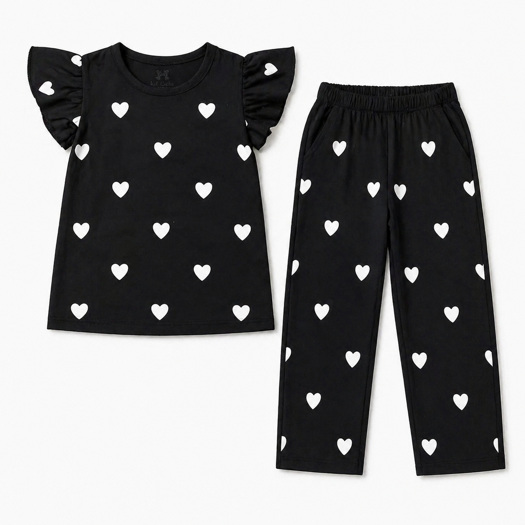 Black heart-themed summer coord set for kids by Lil' Cubs, featuring a matching top and shorts in a cute, casual style.