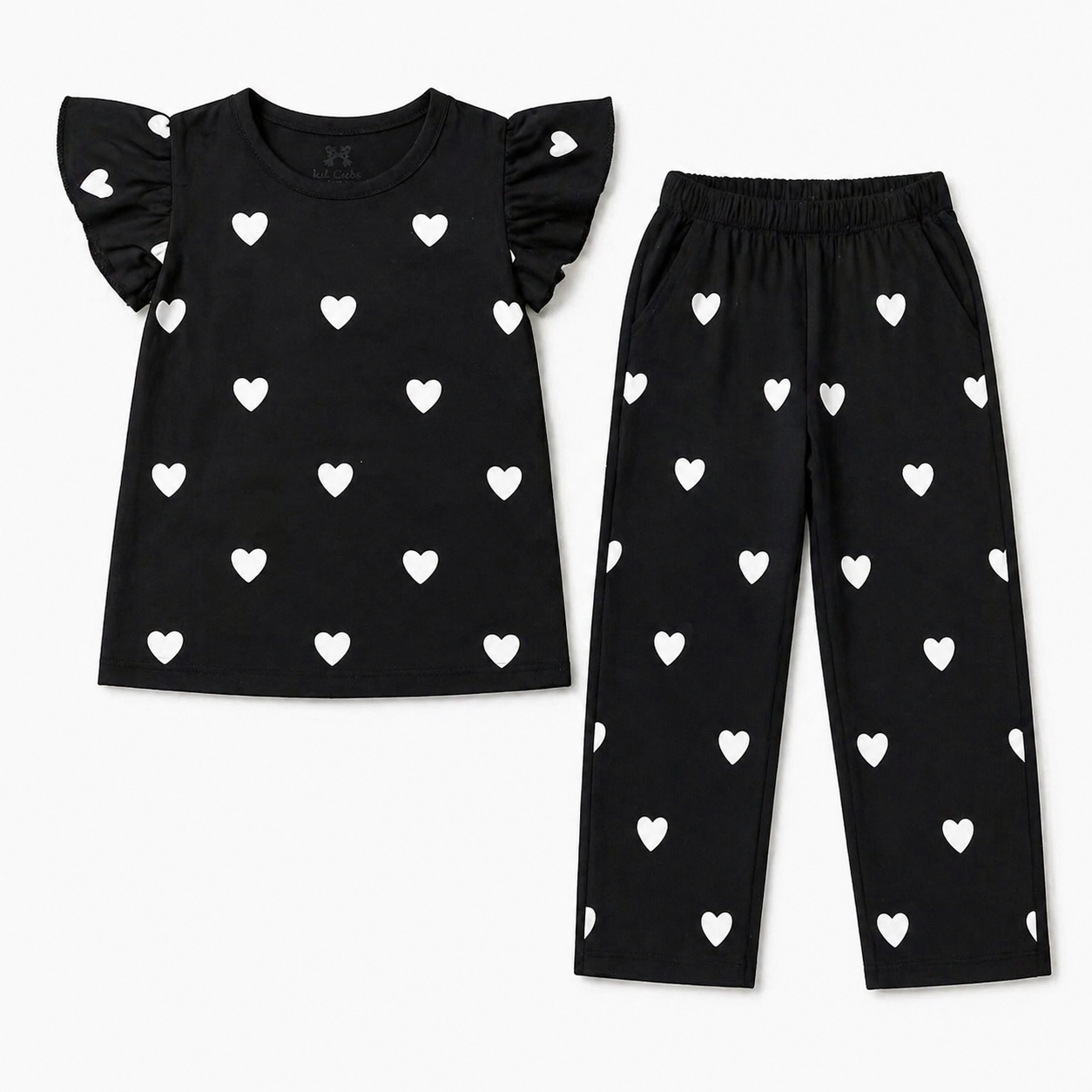 Black heart-themed summer coord set for kids by Lil' Cubs, featuring a matching top and shorts in a cute, casual style.