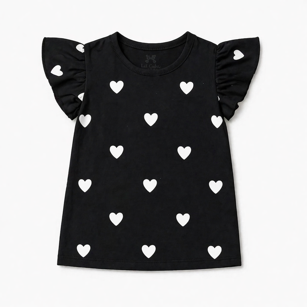 Black summer heart-themed coordinated set for kids by Lil' Cubs, featuring a matching two-piece outfit for warm weather.
