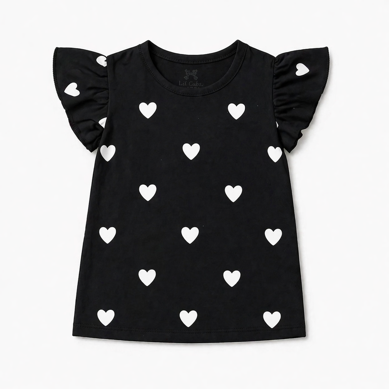 Black summer heart-themed coordinated set for kids by Lil' Cubs, featuring a matching two-piece outfit for warm weather.