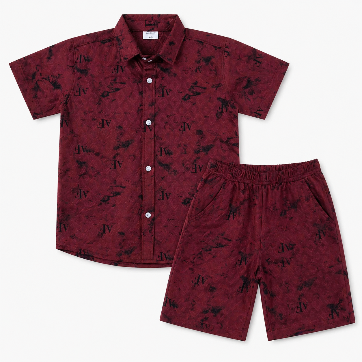 Maroon shadow print summer boys' coord set by lilcubspk for ages 1 to 12, includes matching top and shorts, casual and comfortable style.