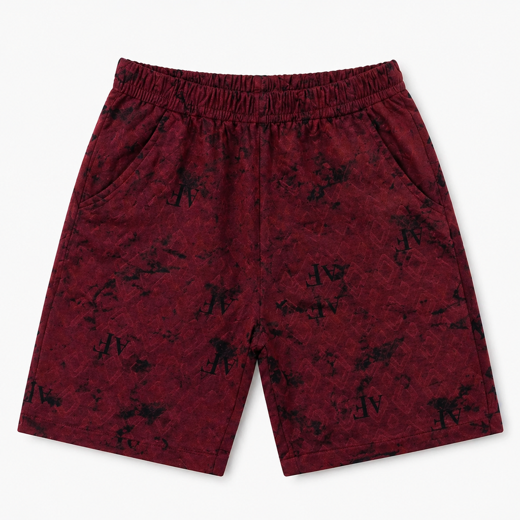 Maroon shadow print boys' summer coord set by lilcubspk for ages 1 to 12, featuring a coordinated top and shorts.