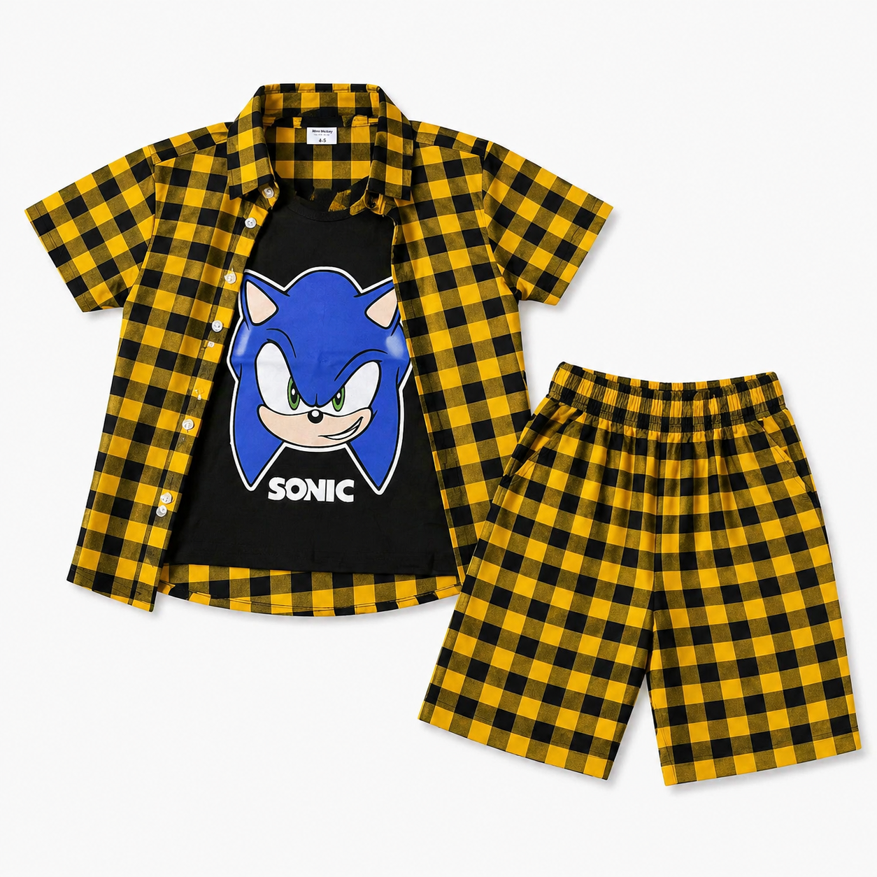 Mustard black check summer coord set for boys from lilcubspk, featuring a stylish matching top and shorts for ages 1-12.