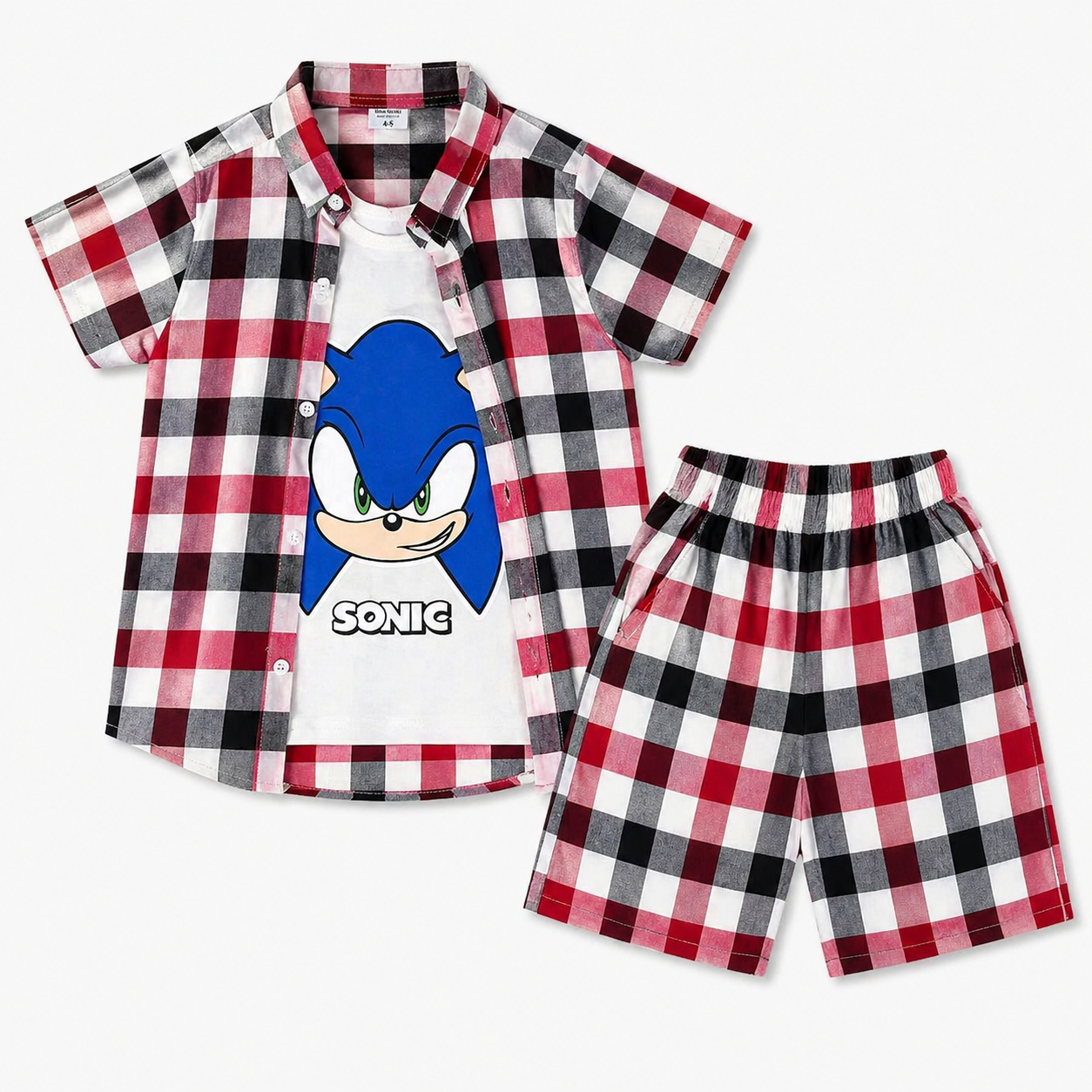 Red check Sonic summer coord set for boys, featuring a short-sleeve top and matching shorts from lilcubspk, suitable for ages 1-12.