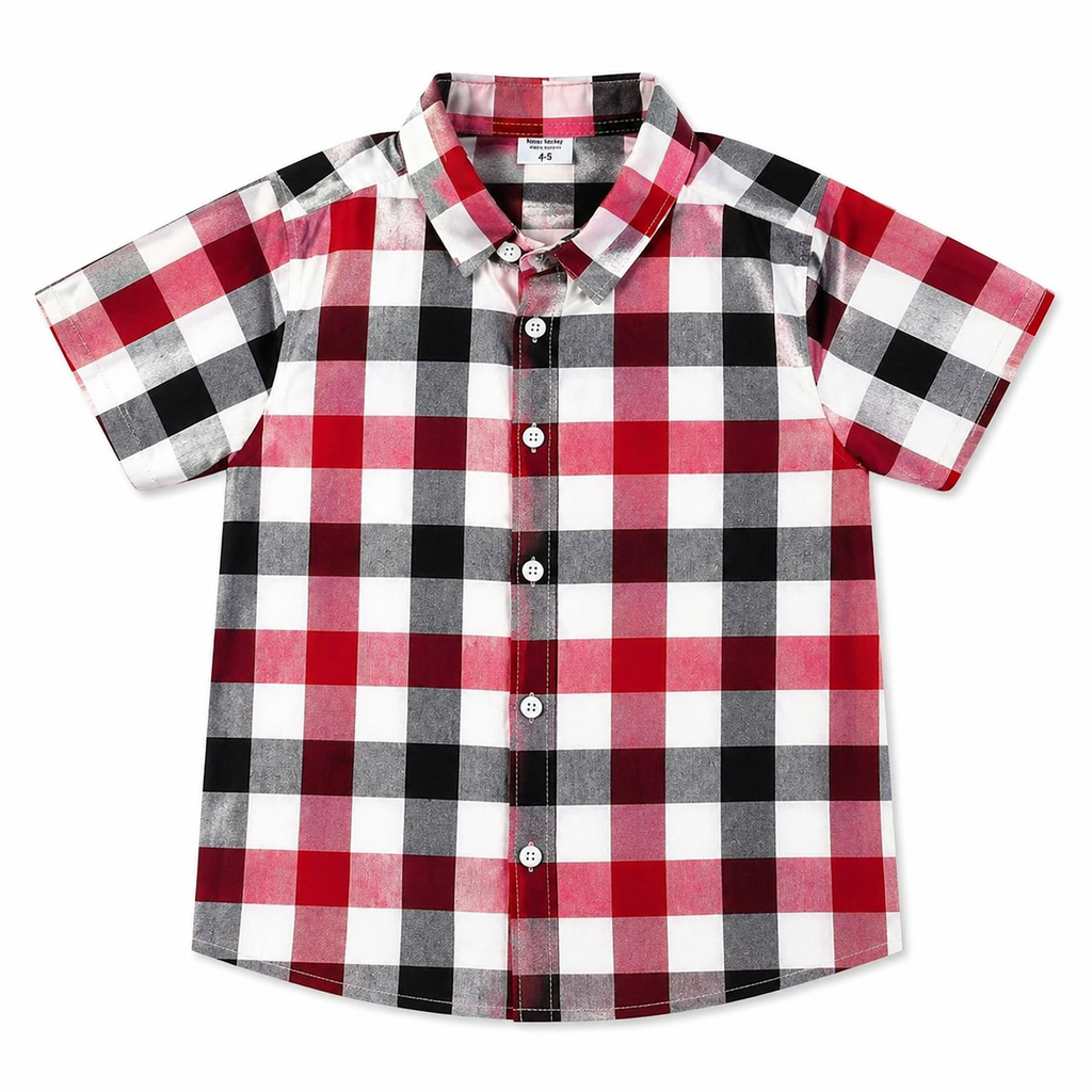 Red check Sonic summer coord set for boys, featuring a short-sleeve shirt and shorts, by lilcubspk for ages 1 to 12 years.