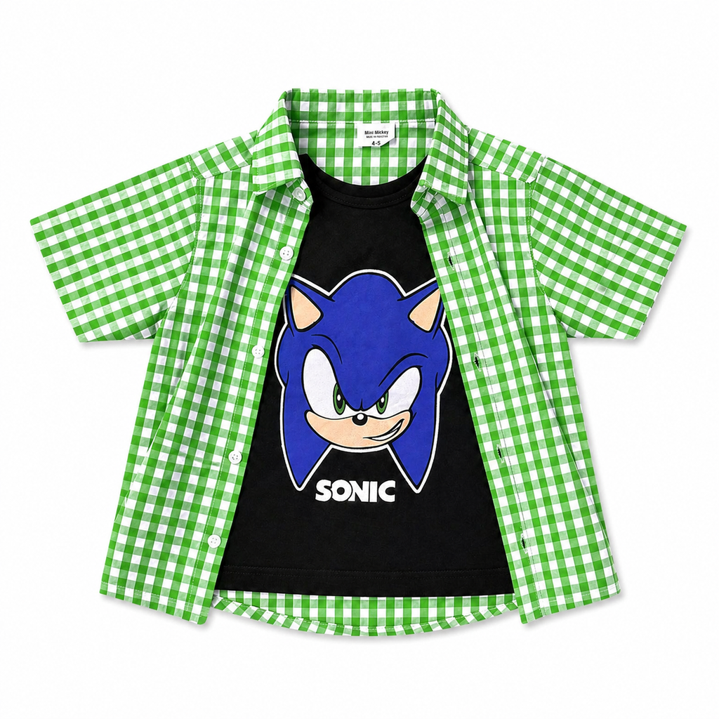 Light green check Sonic summer coord set for boys, includes matching top and shorts, from lilcubspk for ages 1 to 12 years.