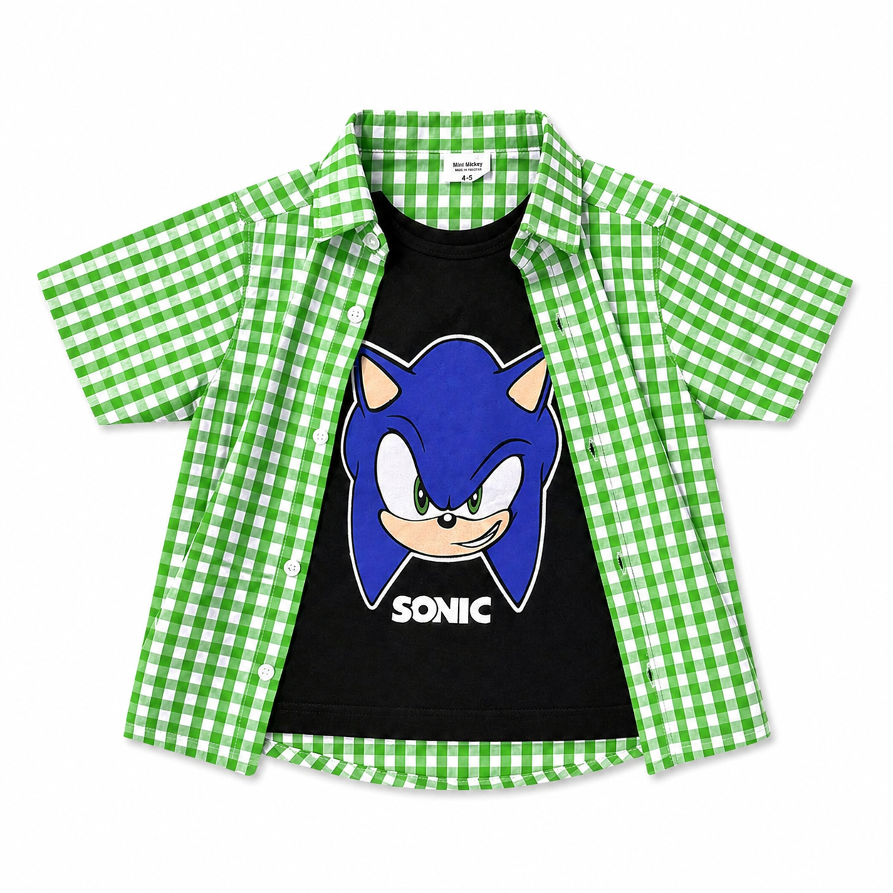 Light green check Sonic summer coord set for boys, includes matching top and shorts, from lilcubspk for ages 1 to 12 years.