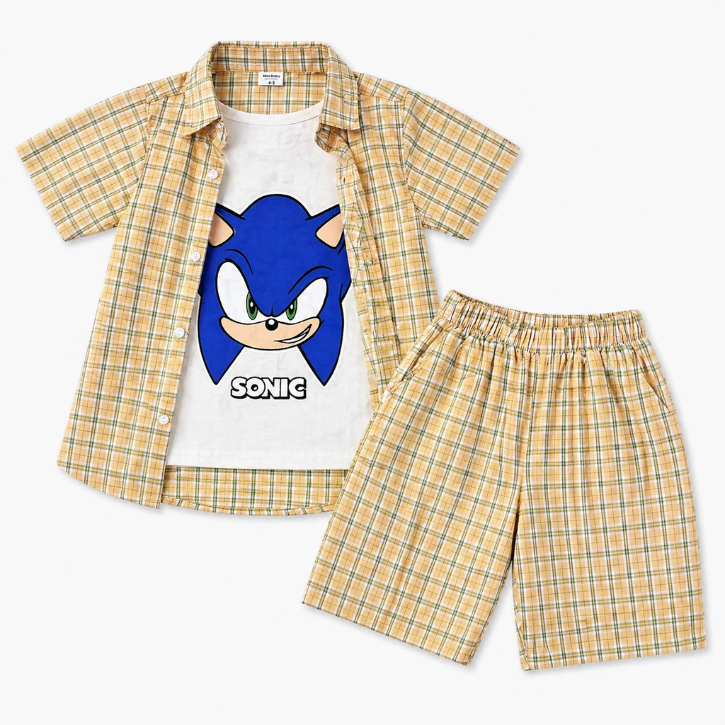Beige check Sonic summer coord set for boys, ages 1-12, featuring a short-sleeve top and matching shorts by lilcubspk.