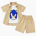Beige check Sonic summer coord set for boys, ages 1-12, featuring a short-sleeve top and matching shorts by lilcubspk.