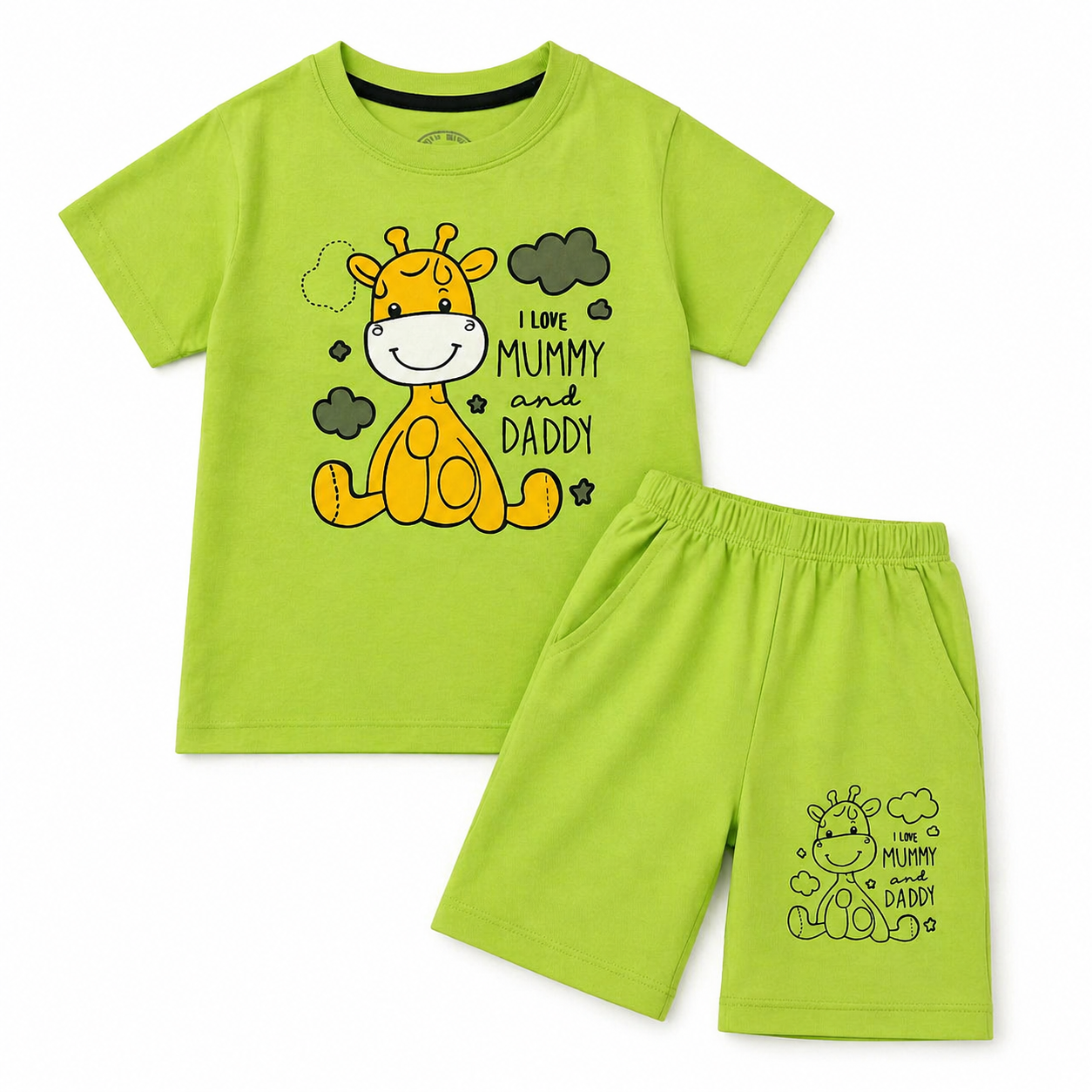“Mummy & Daddy Love” Parrot Green Summer Coord Set for Boys (1–12 Years)