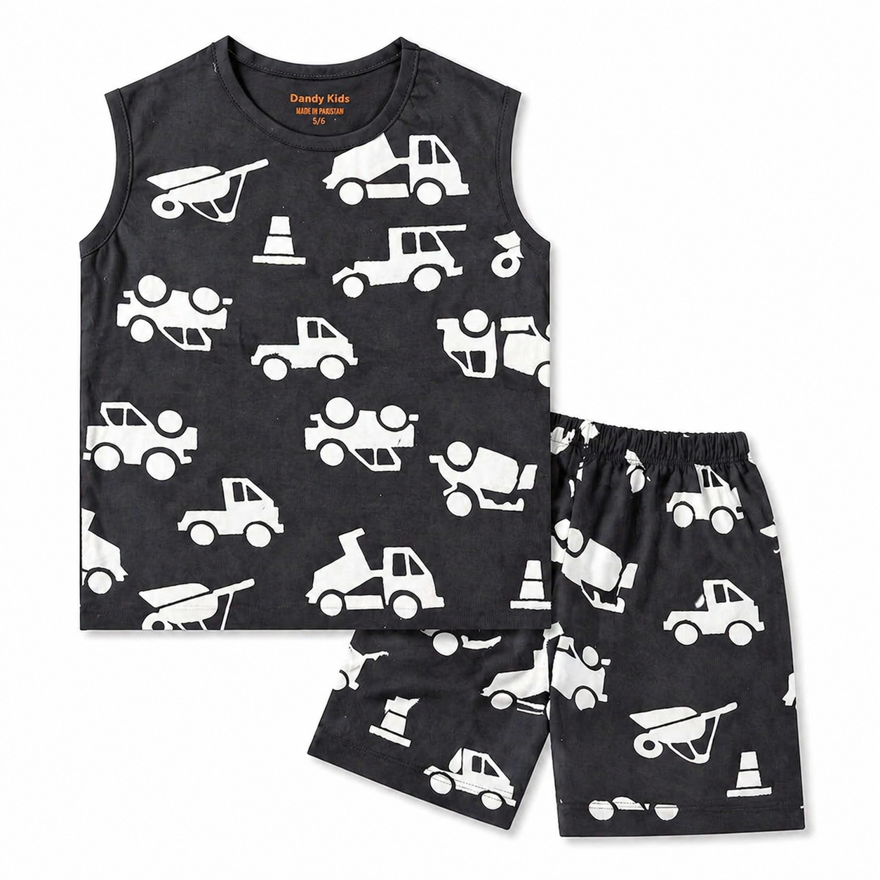 Dark Grey Sleeveless Truck Coord Set for Boys (1–12 Years)