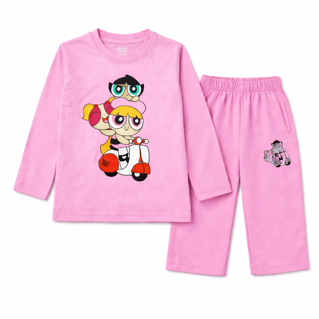 Pink Powerpuff Print summer coord set for girls, includes a jersey cotton top and shorts, by Lil' Cubs.