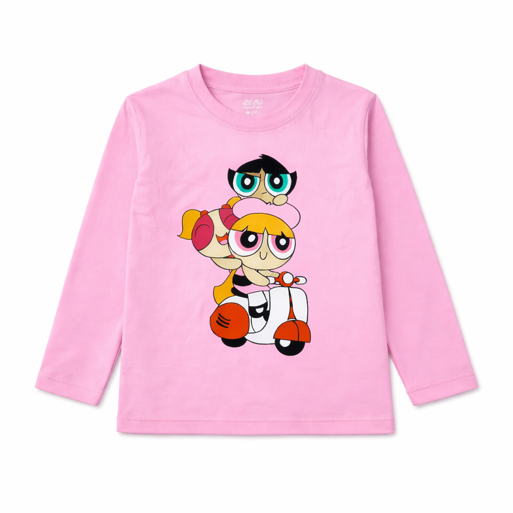 Pink Powerpuff print summer coord set for girls, made of soft jersey cotton, featuring a matching top and shorts by Lil' Cubs.