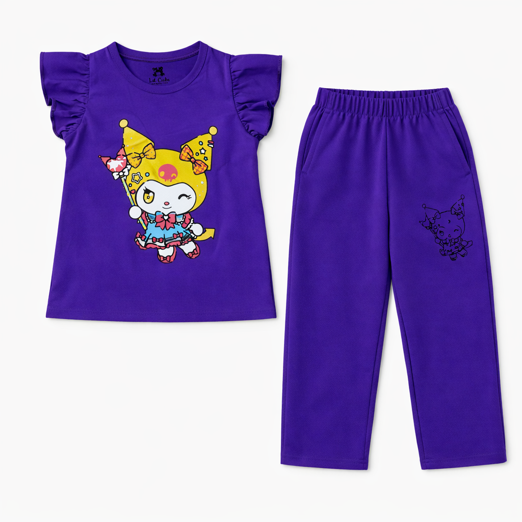 Purple cute cat print summer coord set for women, featuring a jersey cotton fabric and stylish two-piece design by Lil' Cubs.