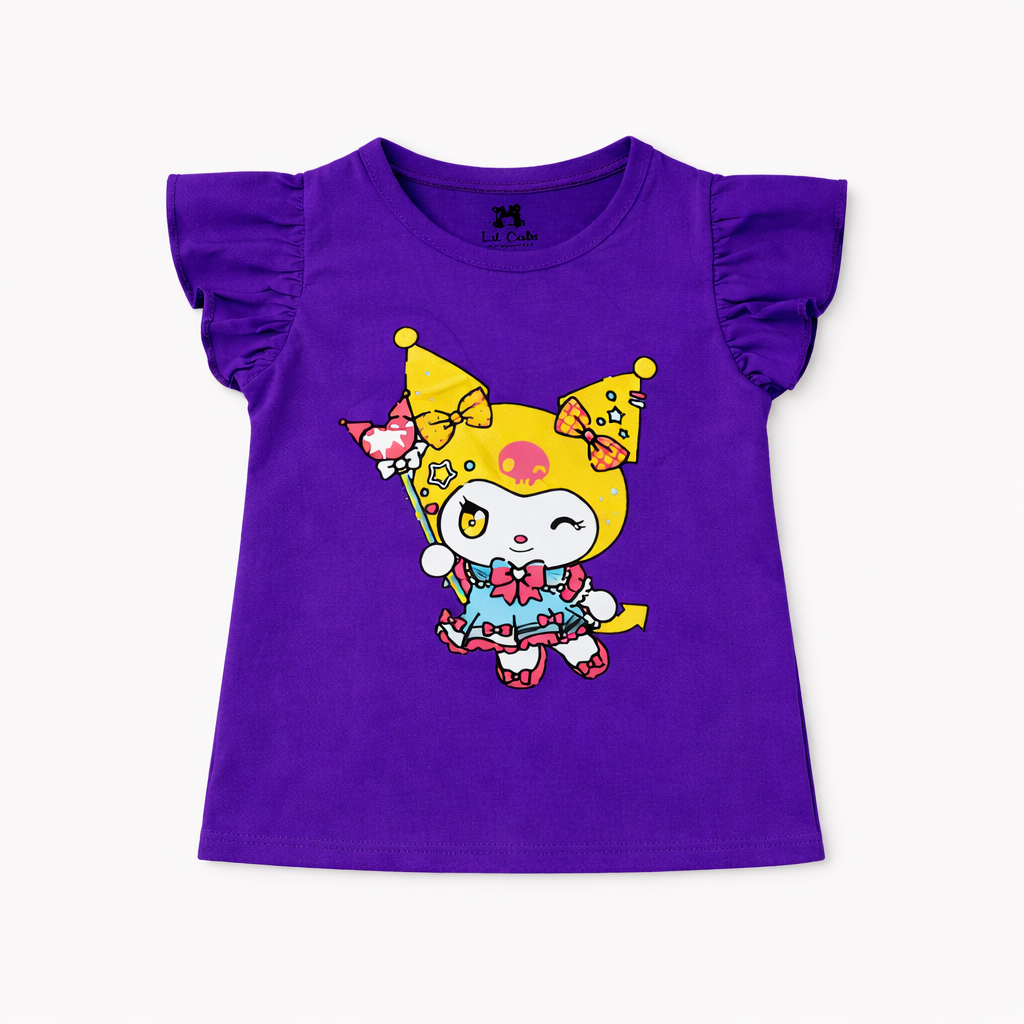 Purple cute cat print summer coord set for kids, two-piece jersey cotton outfit from Lil' Cubs, featuring playful cat design.