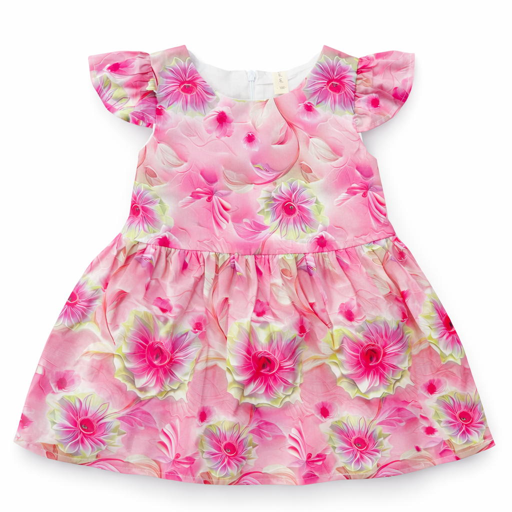 Pink floral cotton frock for girls from lilcubspk, designed for ages 2 to 6, with a charming, comfortable fit.
