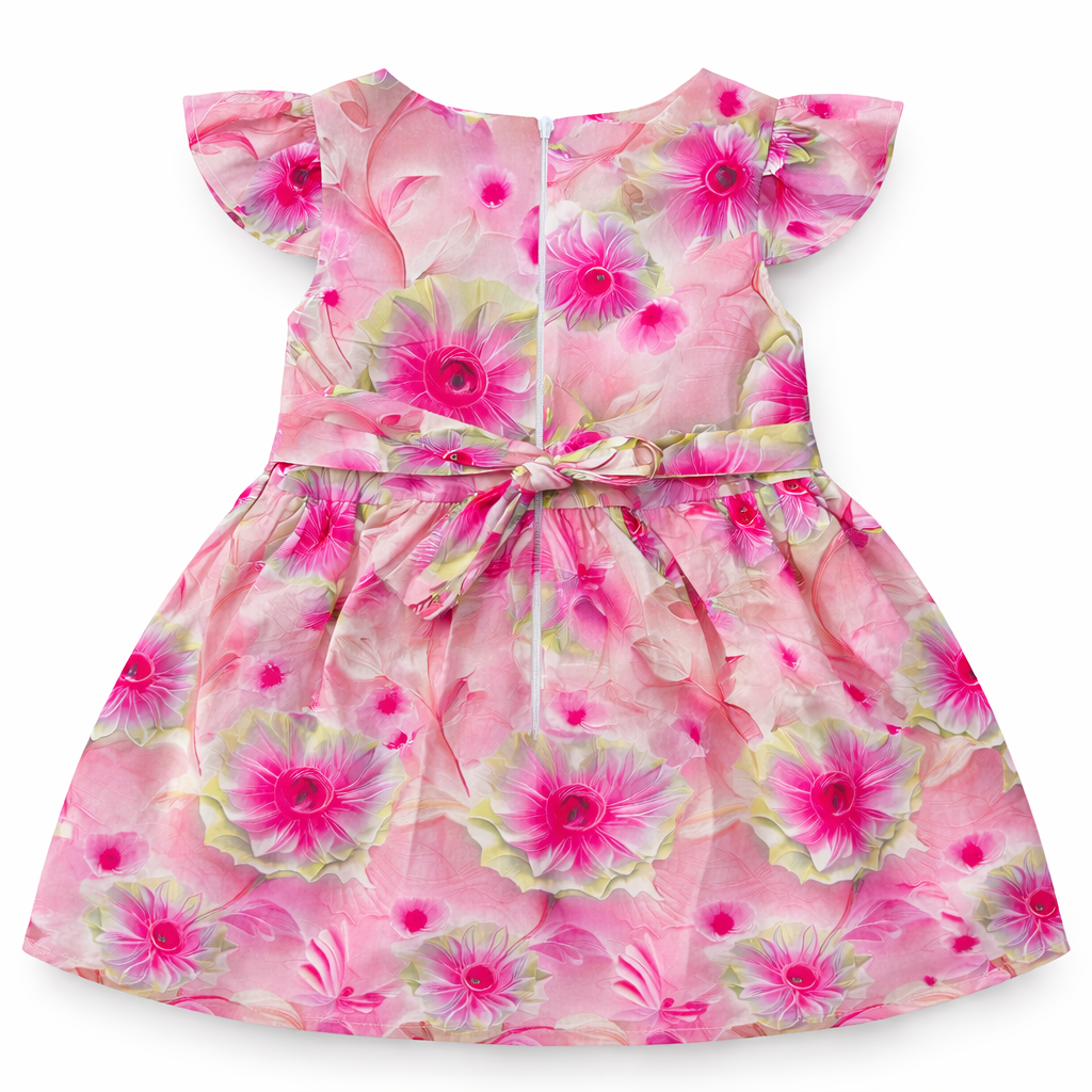 Pink floral cotton frock for girls ages 2-6 by lilcubspk, featuring a charming floral pattern and comfortable fabric.