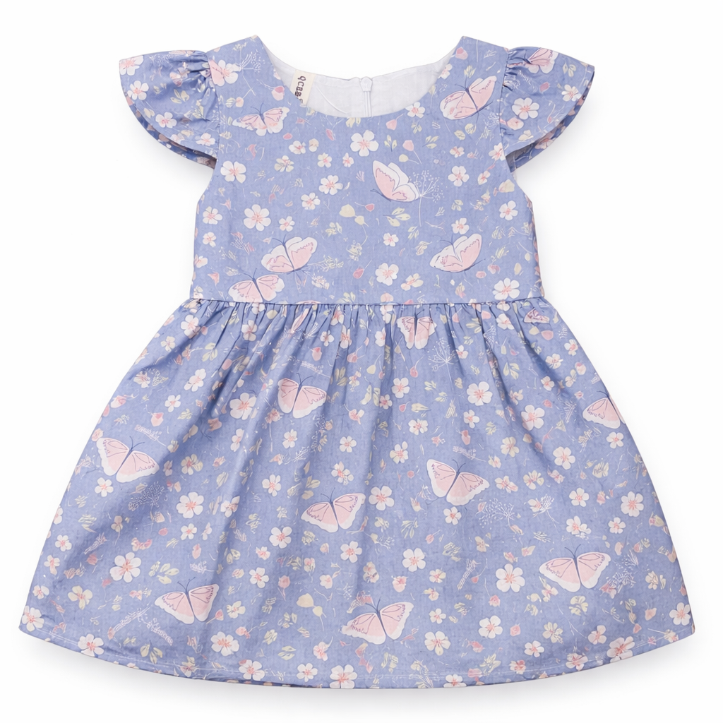 Light blue floral girls' frock in imported cotton by lilcubspk, designed for ages 2 to 6 years, featuring a charming pattern.