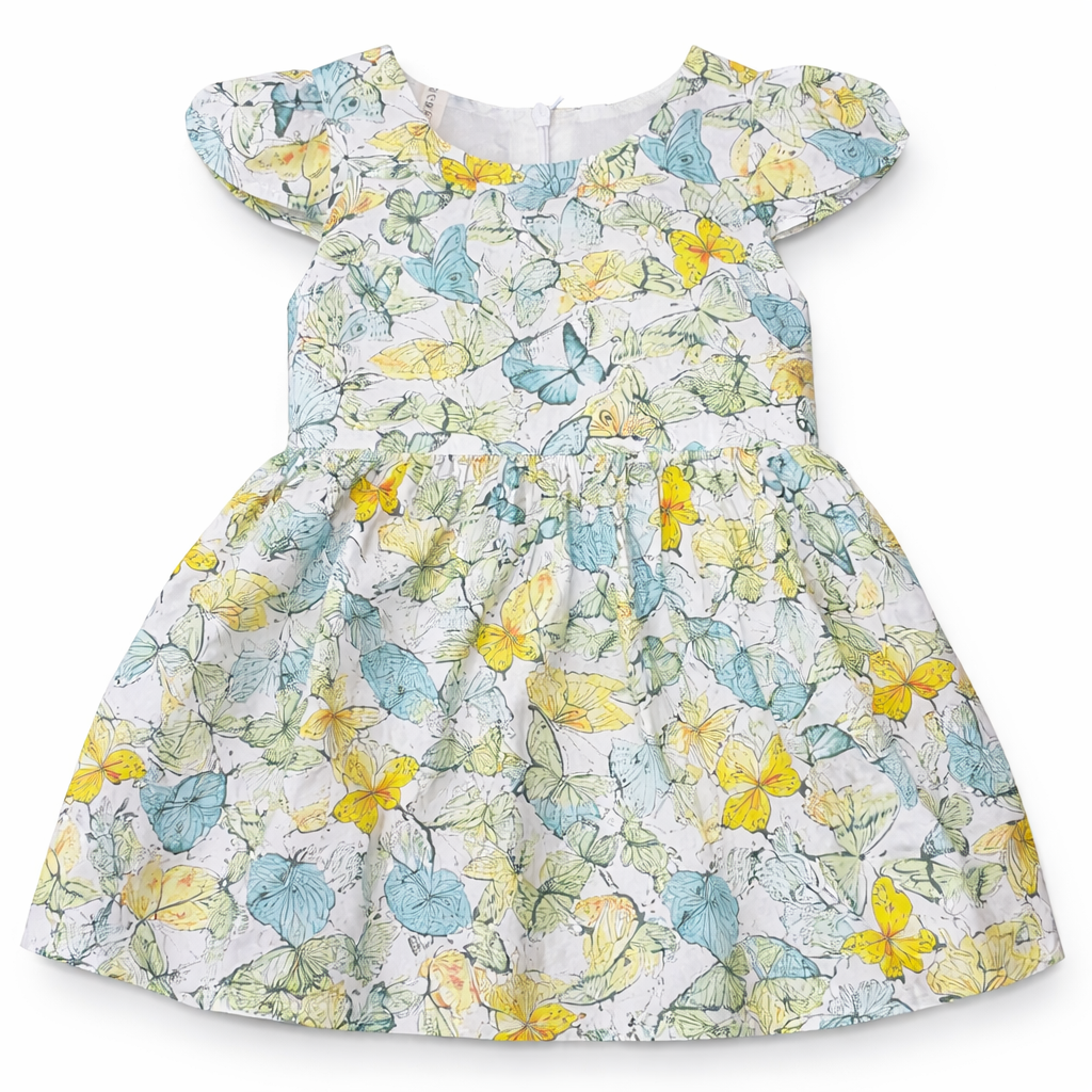 White floral butterfly frock for girls in imported cotton, suitable for ages 2 to 6, by lilcubspk.