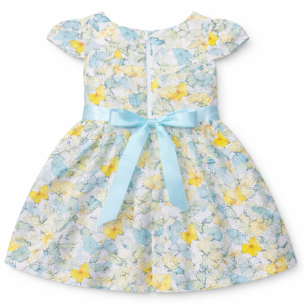 White floral butterfly frock for girls in imported cotton, size 2-6 years, featuring a charming design with colorful flower and butterfly patterns.