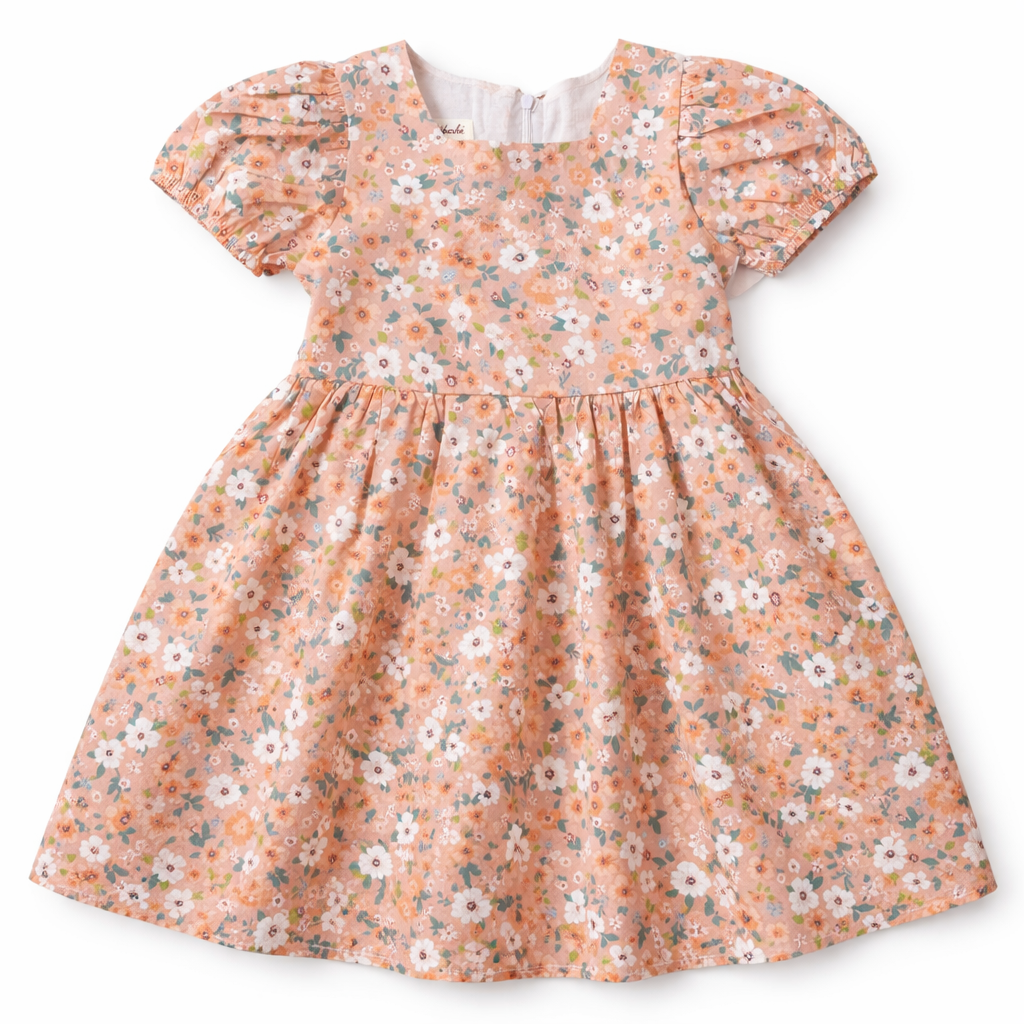 Girls' peach floral cotton frock by lilcubspk, stylish and comfortable dress for ages 2 to 6 years, featuring a charming floral pattern.