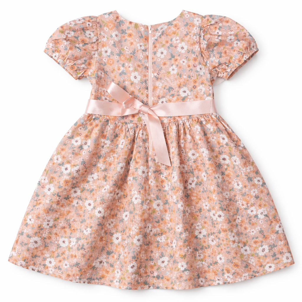 Girls' peach floral frock made of imported cotton by lilcubspk, suitable for ages 2 to 6, featuring a cute and comfortable design.