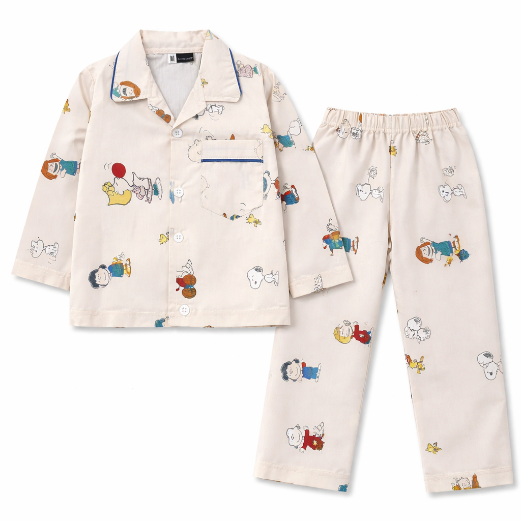 Girls Cotton Night Suit - Off White, Girls Playing Pattern (1-4 Years)