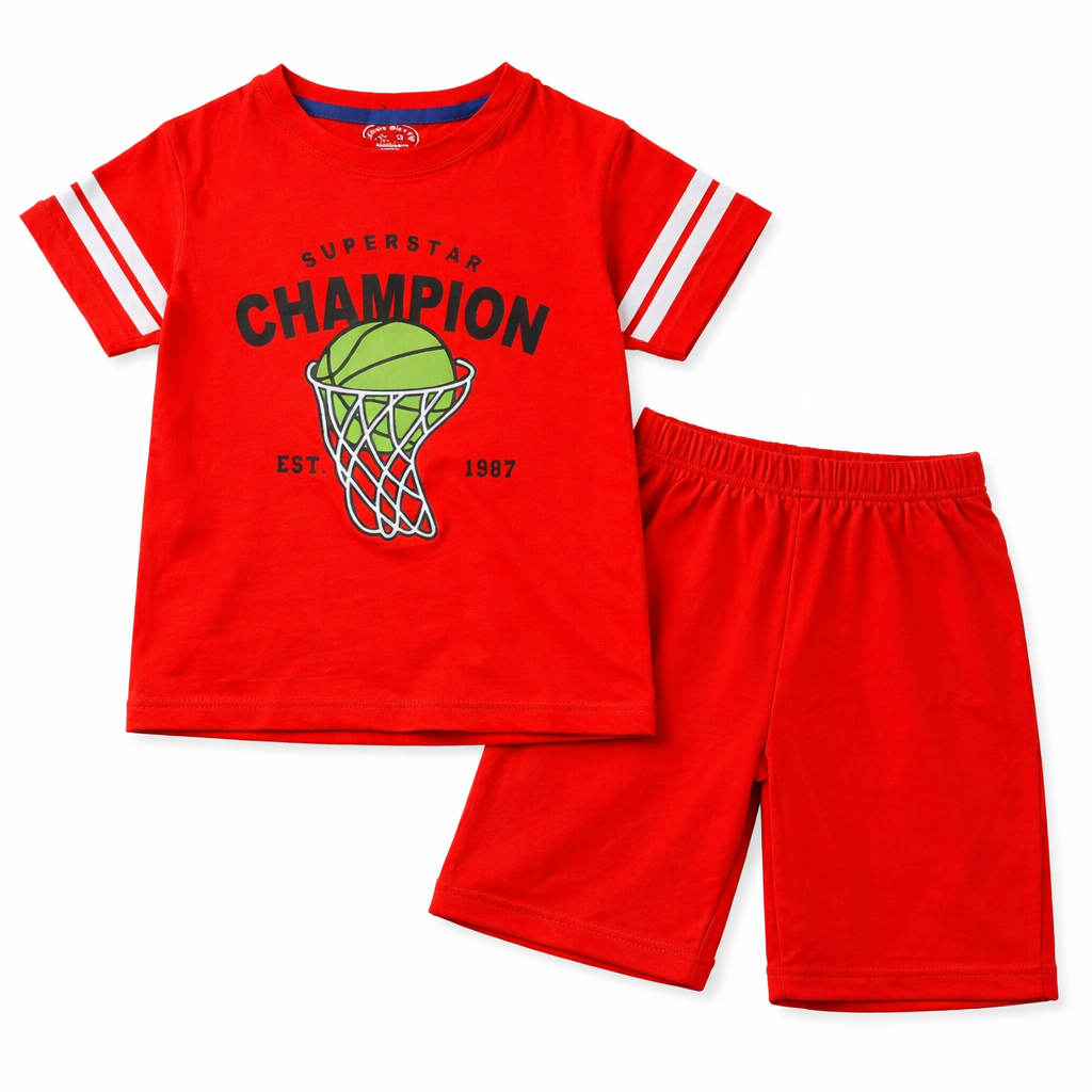 Kids boys summer coord set by lilcubspk featuring a Champion basketball print, suitable for ages 1 to 12 years.