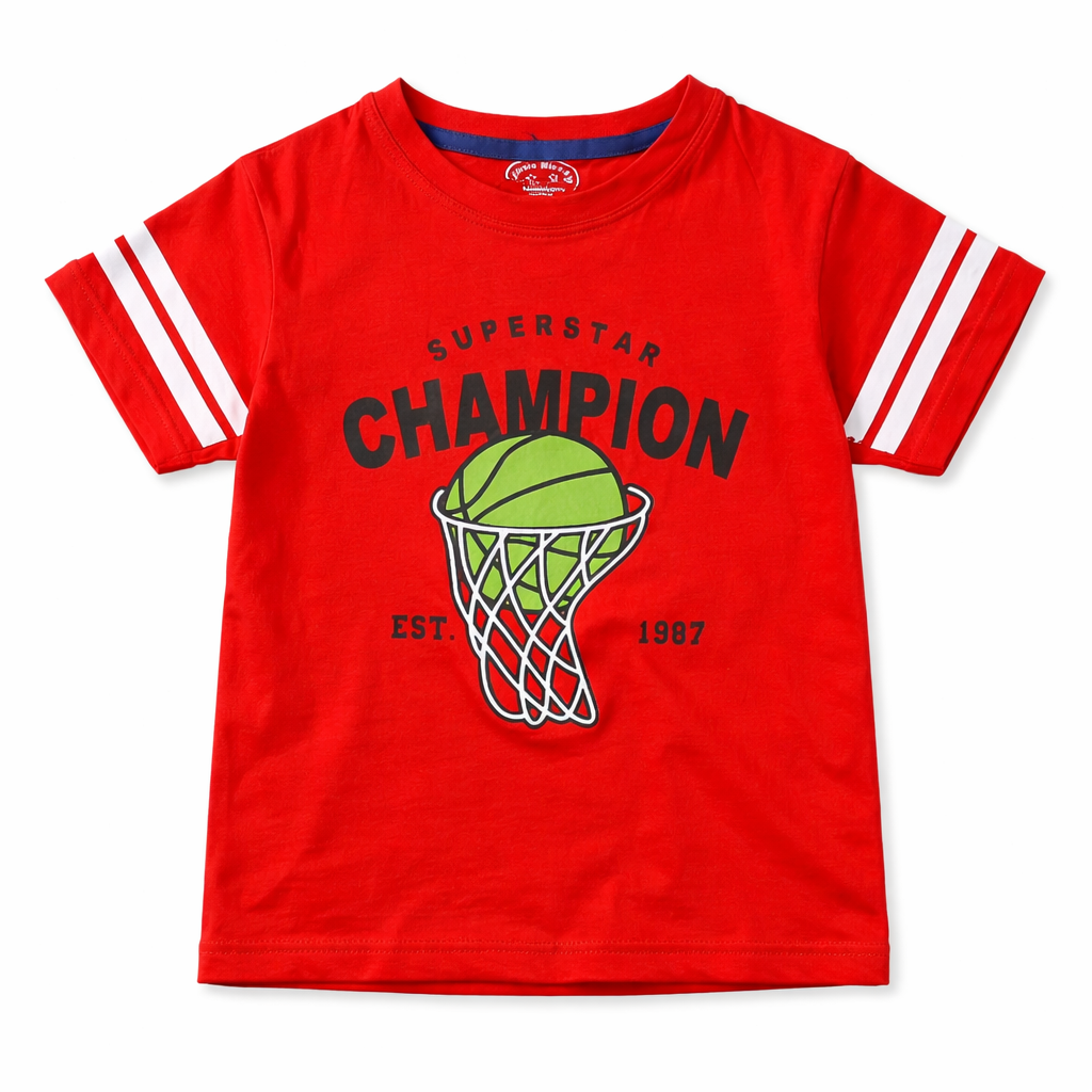 Boy wearing a lilcubspk summer coord set featuring a Champion basketball print for ages 1-12, with matching shorts and T-shirt.