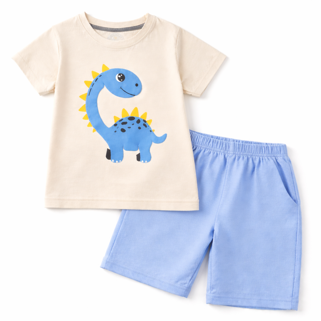 Boy's summer coord set with colorful dino print for ages 1-10, by lilcubspk, featuring a matching top and shorts.