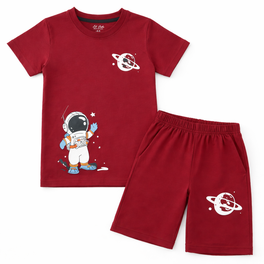Boy wearing a Lilcubspk summer coord set with astronaut print, short-sleeve top and shorts for ages 1-12.