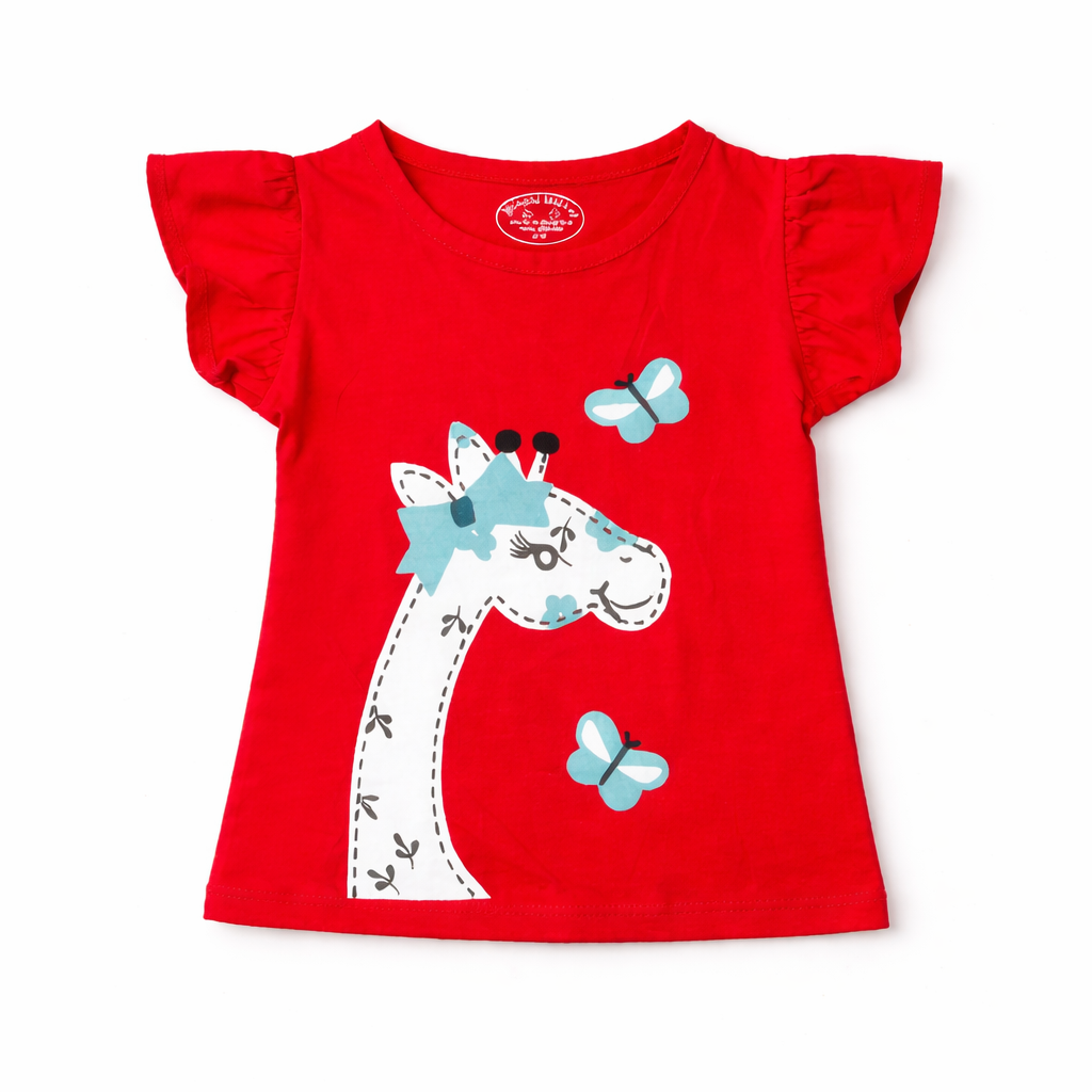 Girls summer coord set with giraffe print by lilcubspk, featuring a top and shorts for ages 1-10.