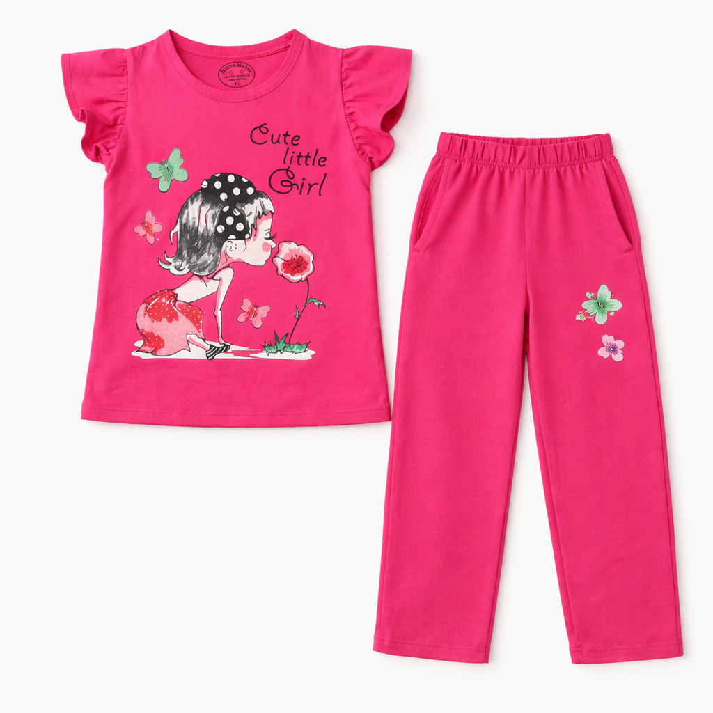 Girls summer coord set featuring baby girl print, perfect for ages 1-10, by lilcubspk, shown in a bright, cheerful outfit.