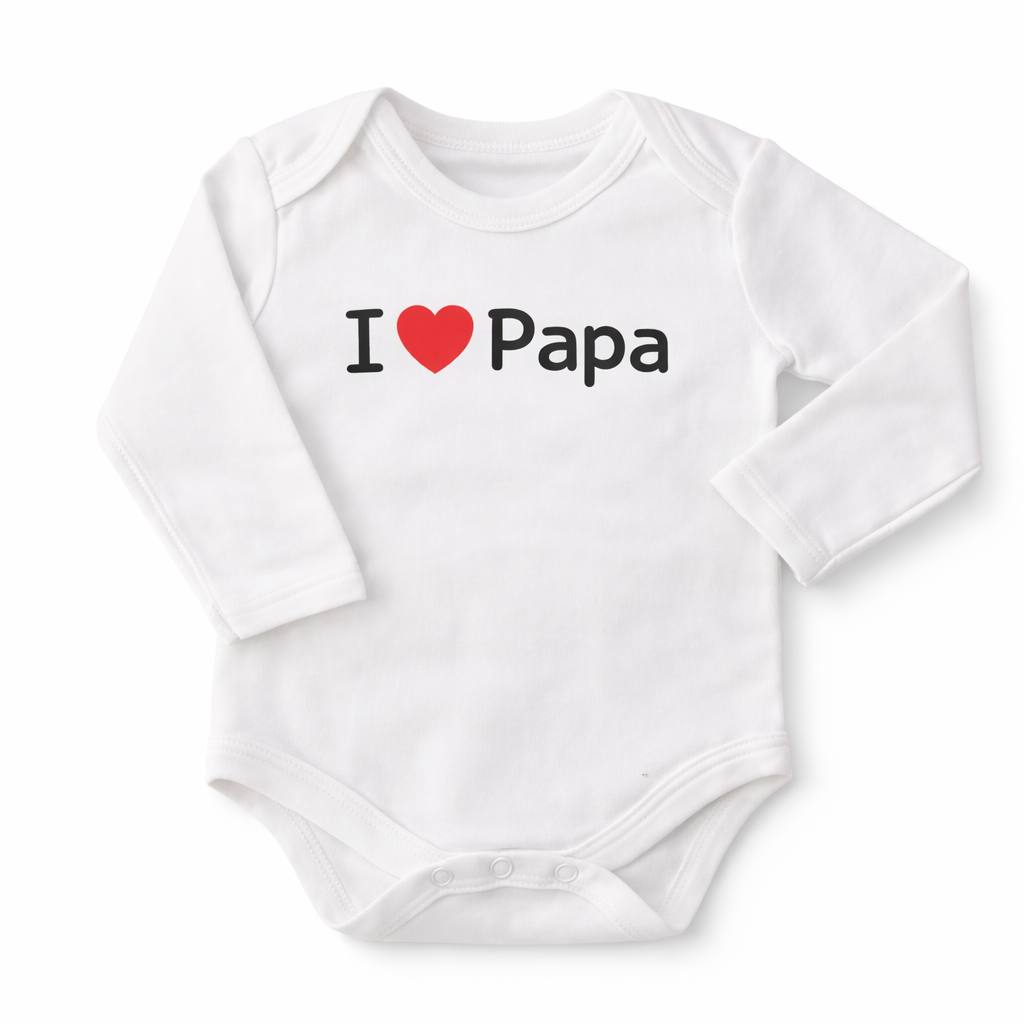 Three newborn printed bodysuits from Lil' Cubs' Mama & Papa Love set, featuring cute heart and text designs for babies.