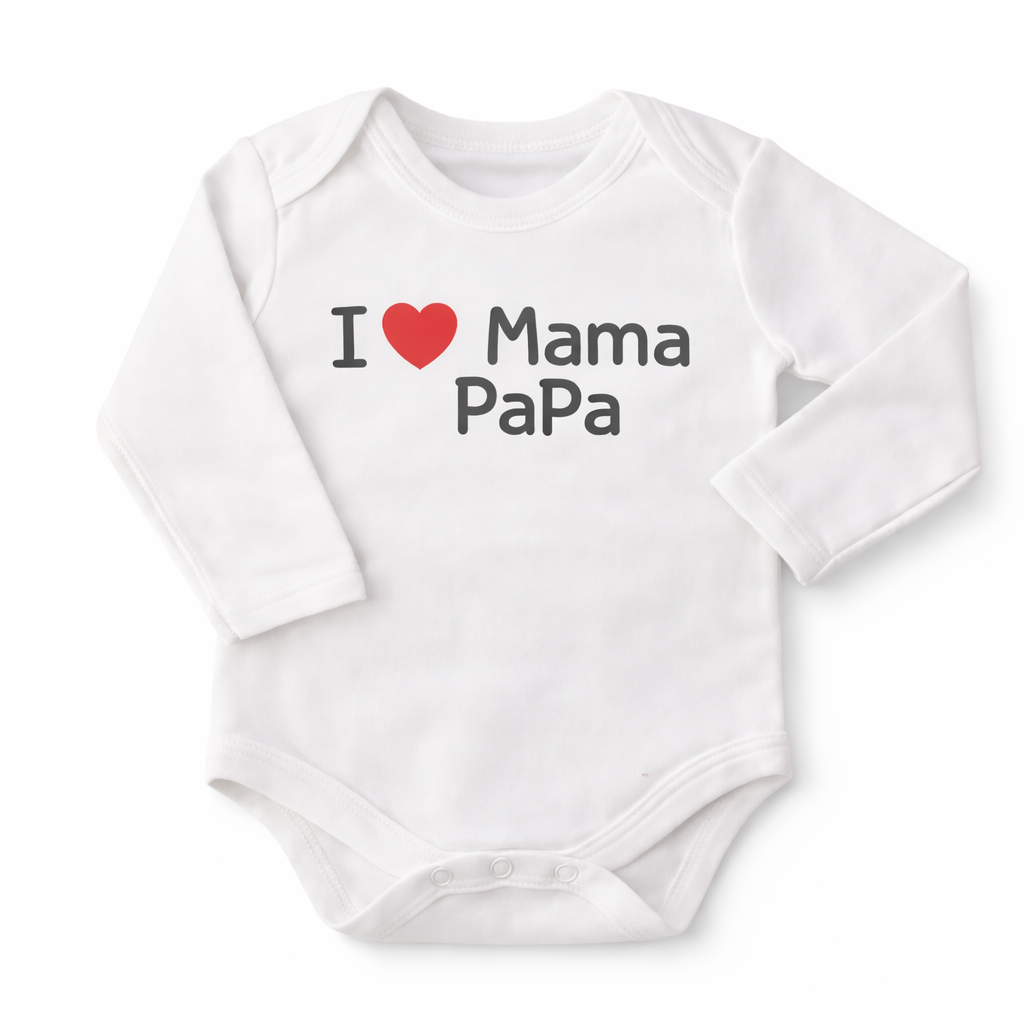 Three printed newborn bodysuits from Lil' Cubs' Mama & Papa Love set, featuring colorful, playful designs for infants.