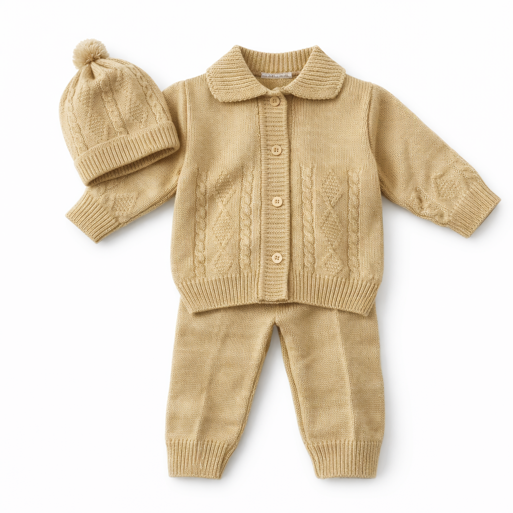 Newborn Knitted 3-Piece Winter Set – Soft Cardigan, Pants & Cap (0–24 Months)