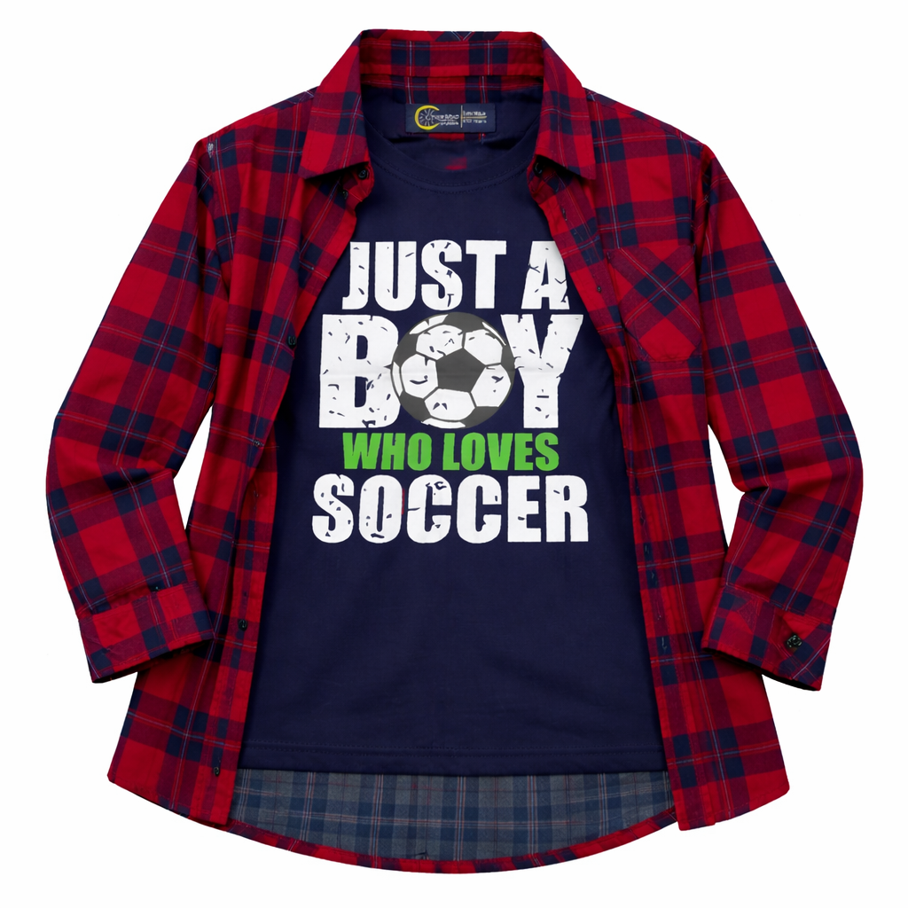 Red Checked Casual Shirt with Soccer Print T-Shirt