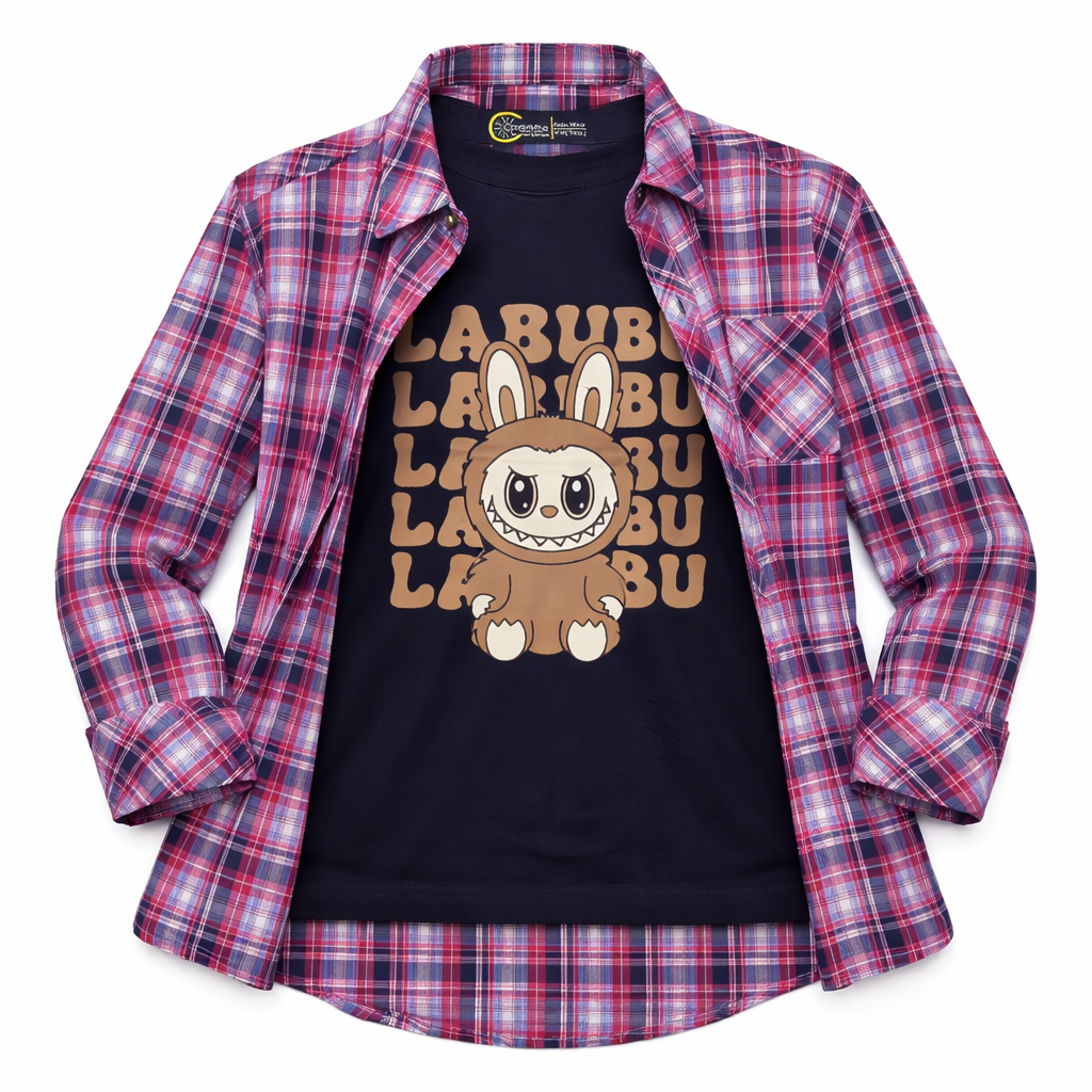 MultiColor Checked Casual Shirt with Labubu Print T-Shirt - Lil' Cubs