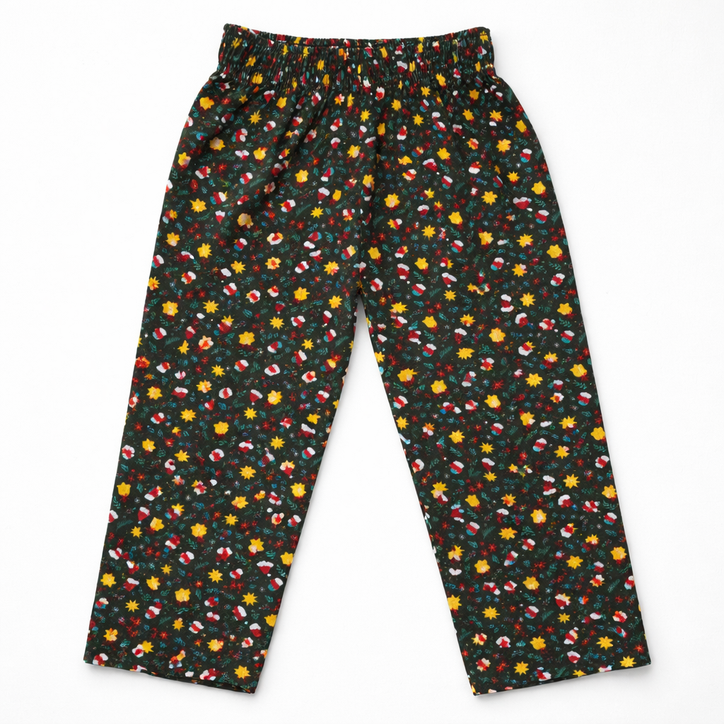 Girls dark green Christmas cotton pajamas with festive print, comfortable and soft, from lilcubspk.