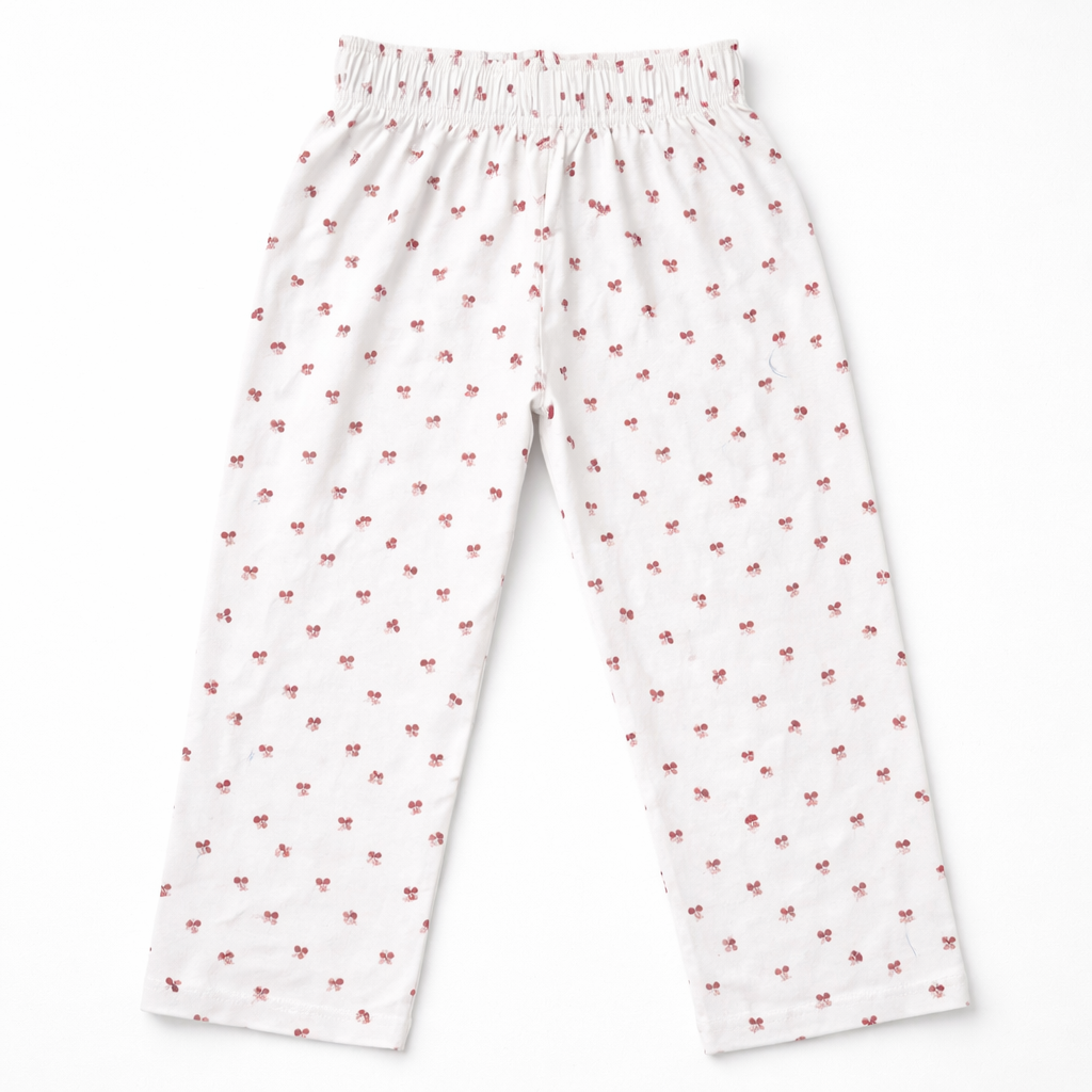 Girls white cherry cotton pajamas trousers by lilcubspk featuring comfortable, soft fabric and a cute cherry print design.