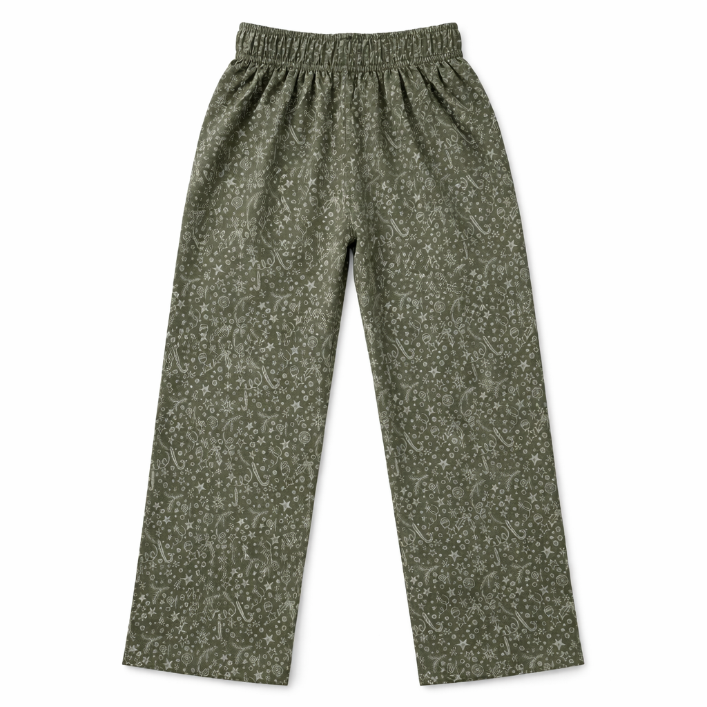 Girls olive green cotton pajamas with celebration print and trouser style from lilcubspk, featuring a comfortable, casual sleepwear design.