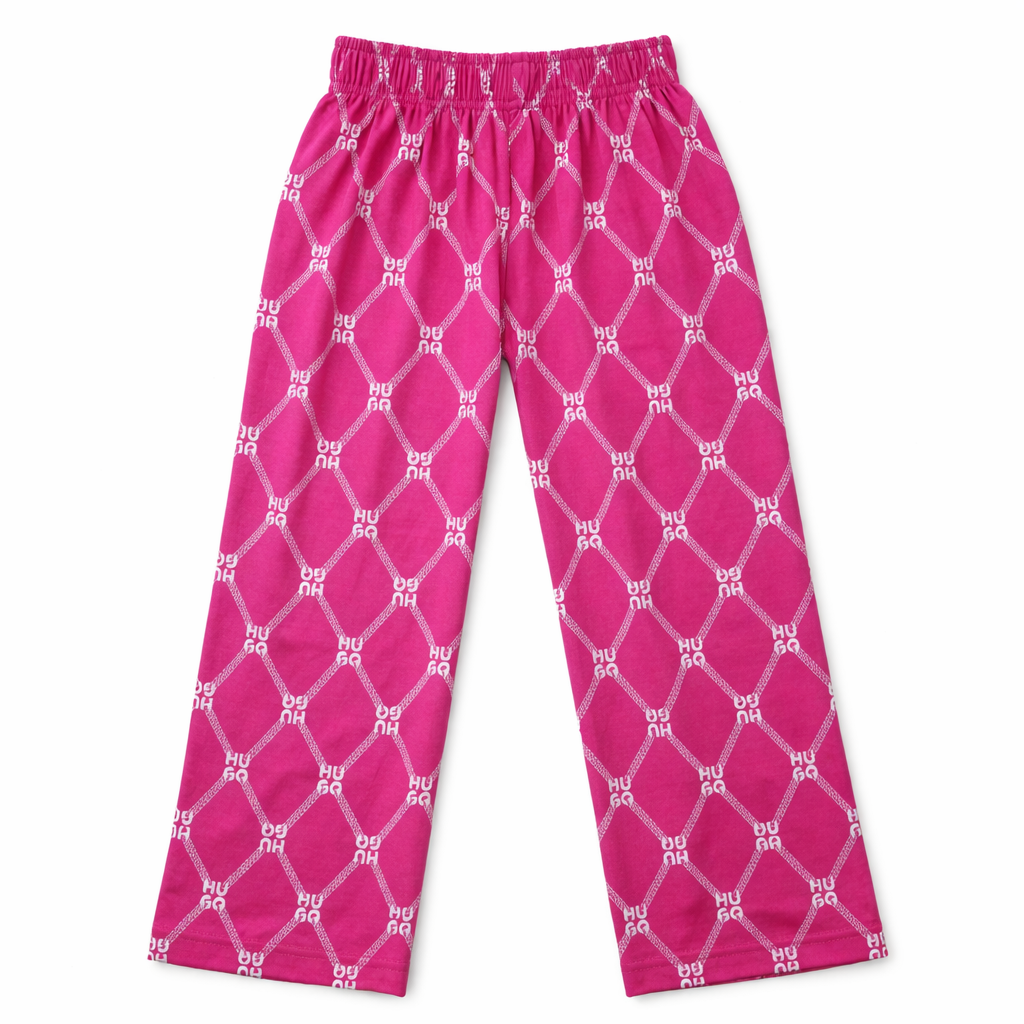 Girls pink HUGO cotton pajamas trousers with elastic waistband and comfortable fit, ideal for cozy sleepwear.