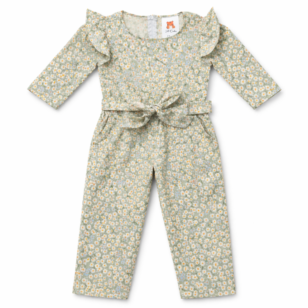 Light green floral girls' jumpsuit by lilcubspk, featuring a stylish jump dress design with colorful flower patterns.