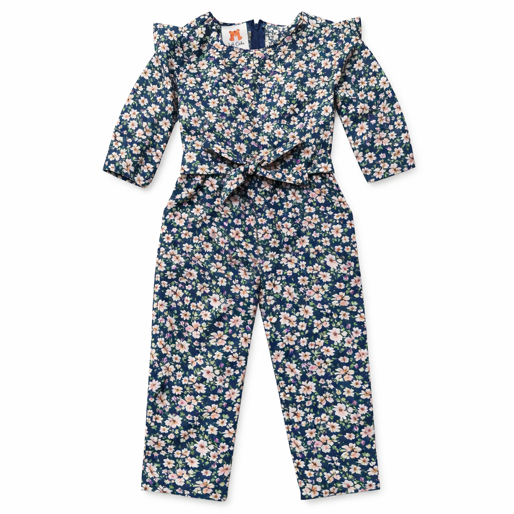 Girls Navy Blue Floral Jumpsuits - Lil' Cubs