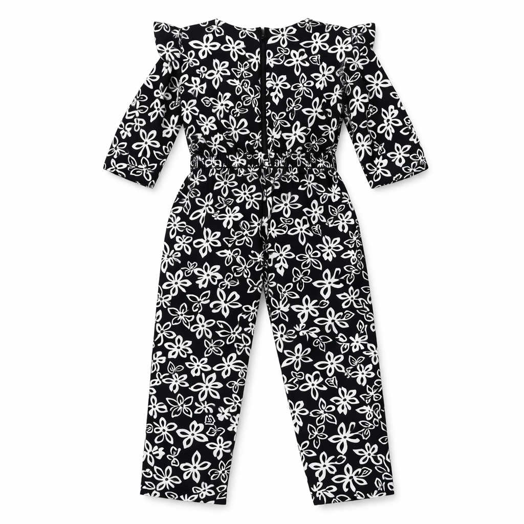 Girls black flower jumpsuit by lilcubspk featuring a stylish jumpsuit dress with floral pattern and sleeveless design.