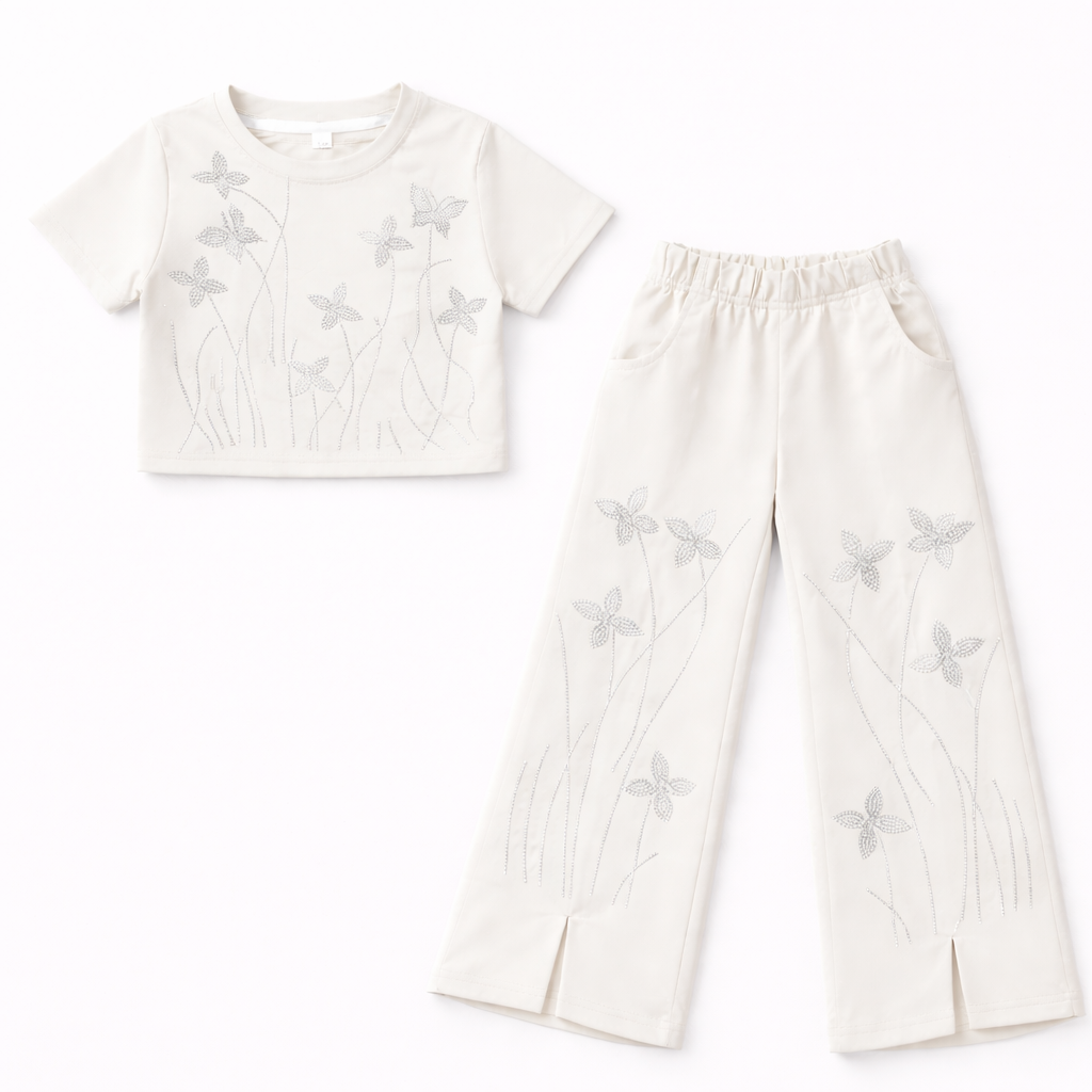 Girls Off White Crop Top and Palazzo Set