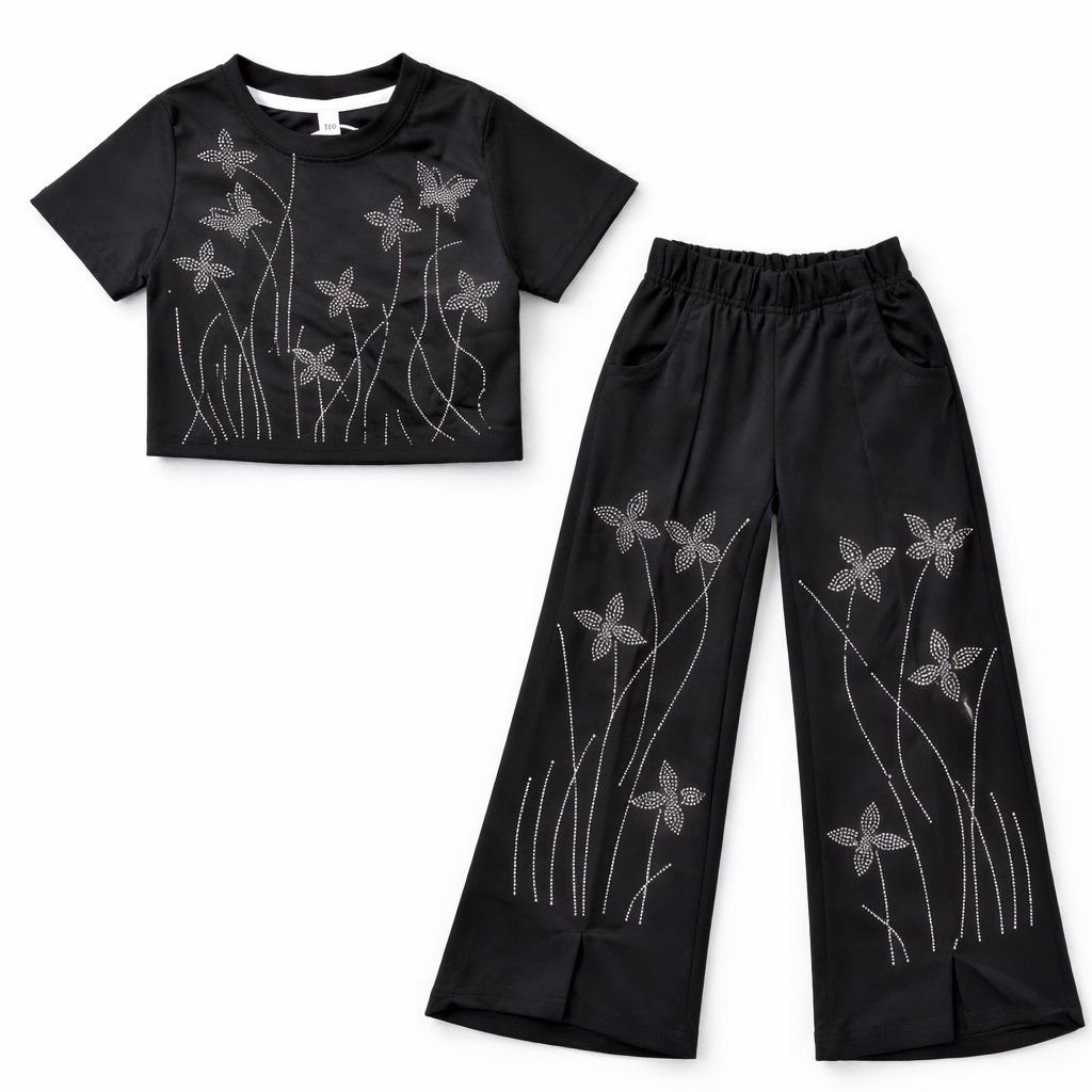 Girls Black Crop Top and Palazzo Set