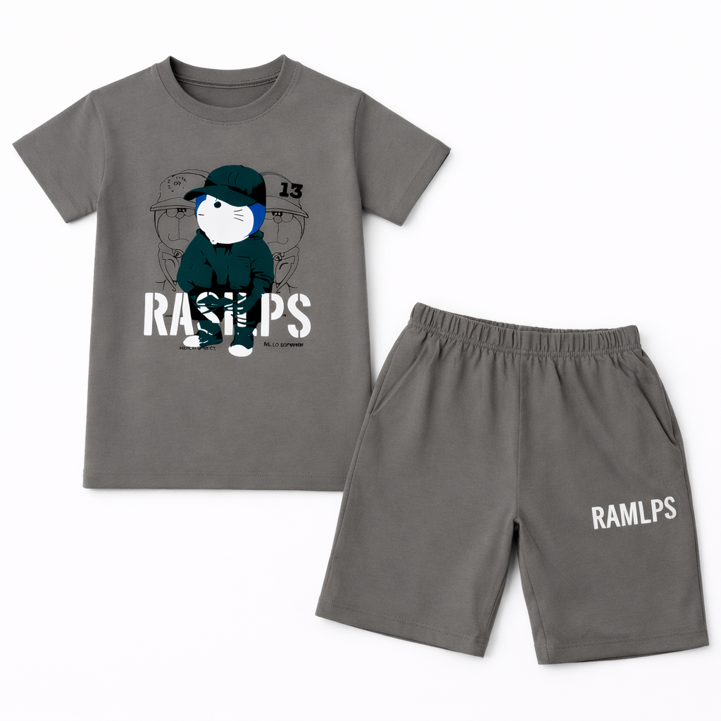 Charcoal Grey Doraemon Summer Coord Set (2-Piece) - Lil' Cubs